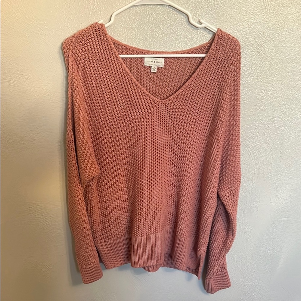 Lucky Brand Pink V-Neck Sweater with Chunky Knit and Relaxed Fit